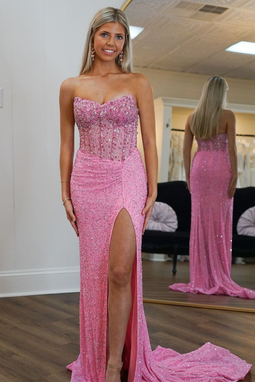 Luuvis Women Gorgeous Mermaid Pink Strapless Long Glitter Beaded Prom