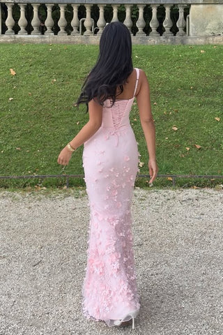 Gorgeous Mermaid Square Neck Pink Long Prom Dress with Flowers