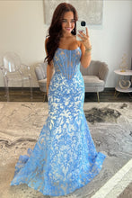 Load image into Gallery viewer, Gorgeous Mermaid Strapless Blue Corset Prom Dress with Appliques