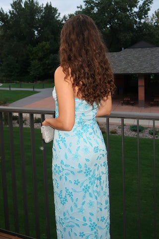 Gorgeous Mermaid Strapless Light Blue Long Prom Dress with Embroidery