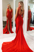 Load image into Gallery viewer, Gorgeous Mermaid V Neck Red Long Prom Dress with Pearls