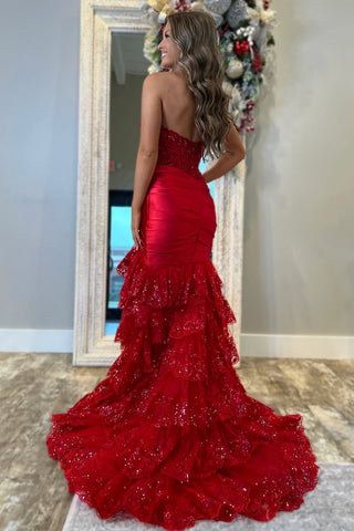 Glitter Red Mermaid Strapless Long Tiered Sequin And Satin Prom Dress