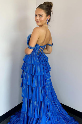 Gorgeous Royal Blue A-Line Off The Shoulder Long Beaded Prom Dress