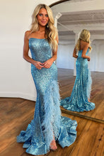 Load image into Gallery viewer, Sparkly Sequin Strapless Long Corset Prom Dress With Feather