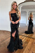Load image into Gallery viewer, Sparkly Sequin Strapless Long Corset Prom Dress With Feather

