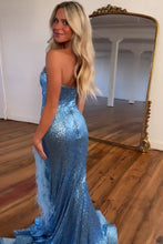 Load image into Gallery viewer, Sparkly Sequin Strapless Long Corset Prom Dress With Feather