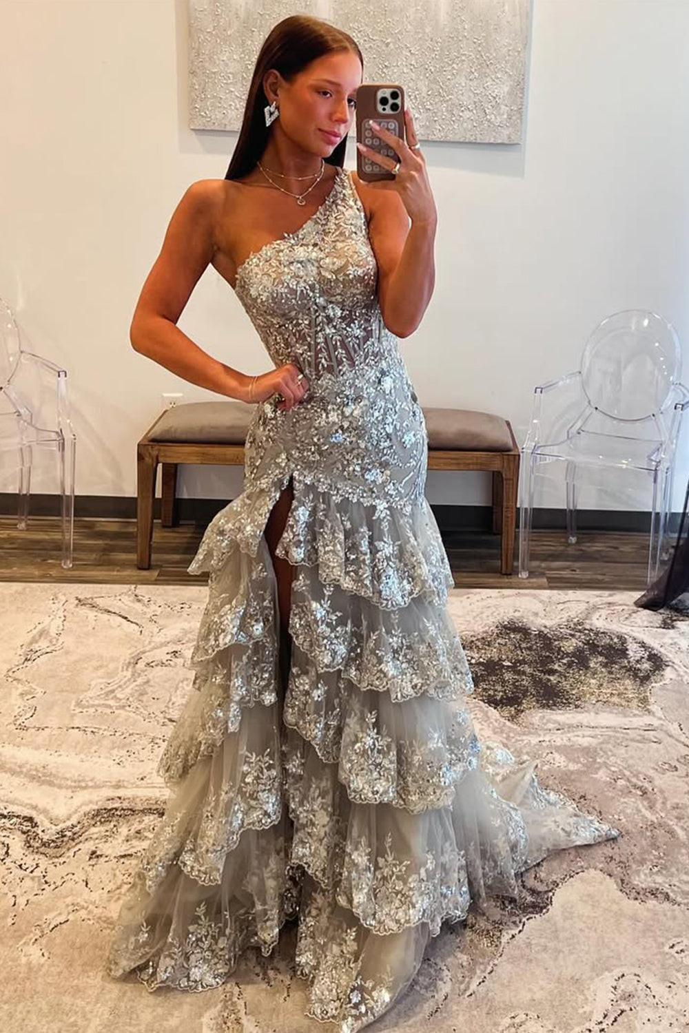 Grey Gorgeous Mermaid Sparkly One Shoulder Long Sequin Prom Dress with Ruffle Skirt
