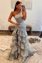 Load image into Gallery viewer, Grey Gorgeous Mermaid Sparkly One Shoulder Long Sequin Prom Dress with Ruffle Skirt

