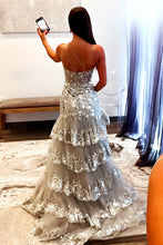 Load image into Gallery viewer, Grey Gorgeous Mermaid Sparkly One Shoulder Long Sequin Prom Dress with Ruffle Skirt
