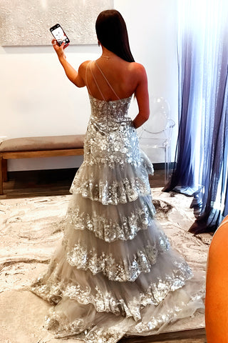 Grey Gorgeous Mermaid Sparkly One Shoulder Long Sequin Prom Dress with Ruffle Skirt