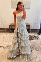 Load image into Gallery viewer, Grey Gorgeous Mermaid Sparkly One Shoulder Long Sequin Prom Dress with Ruffle Skirt
