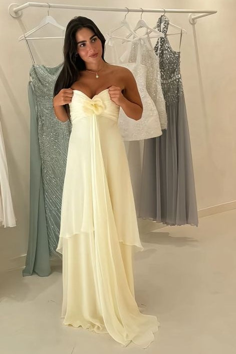 Pretty A Line Sweetheart Light Yellow Long Party Dress with Flowers Ruffles