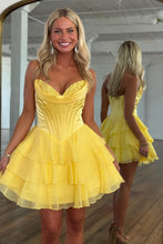 Load image into Gallery viewer, Gorgeous A Line Sweetheart Yellow Corset Homecoming Dress with Appliques Ruffles
