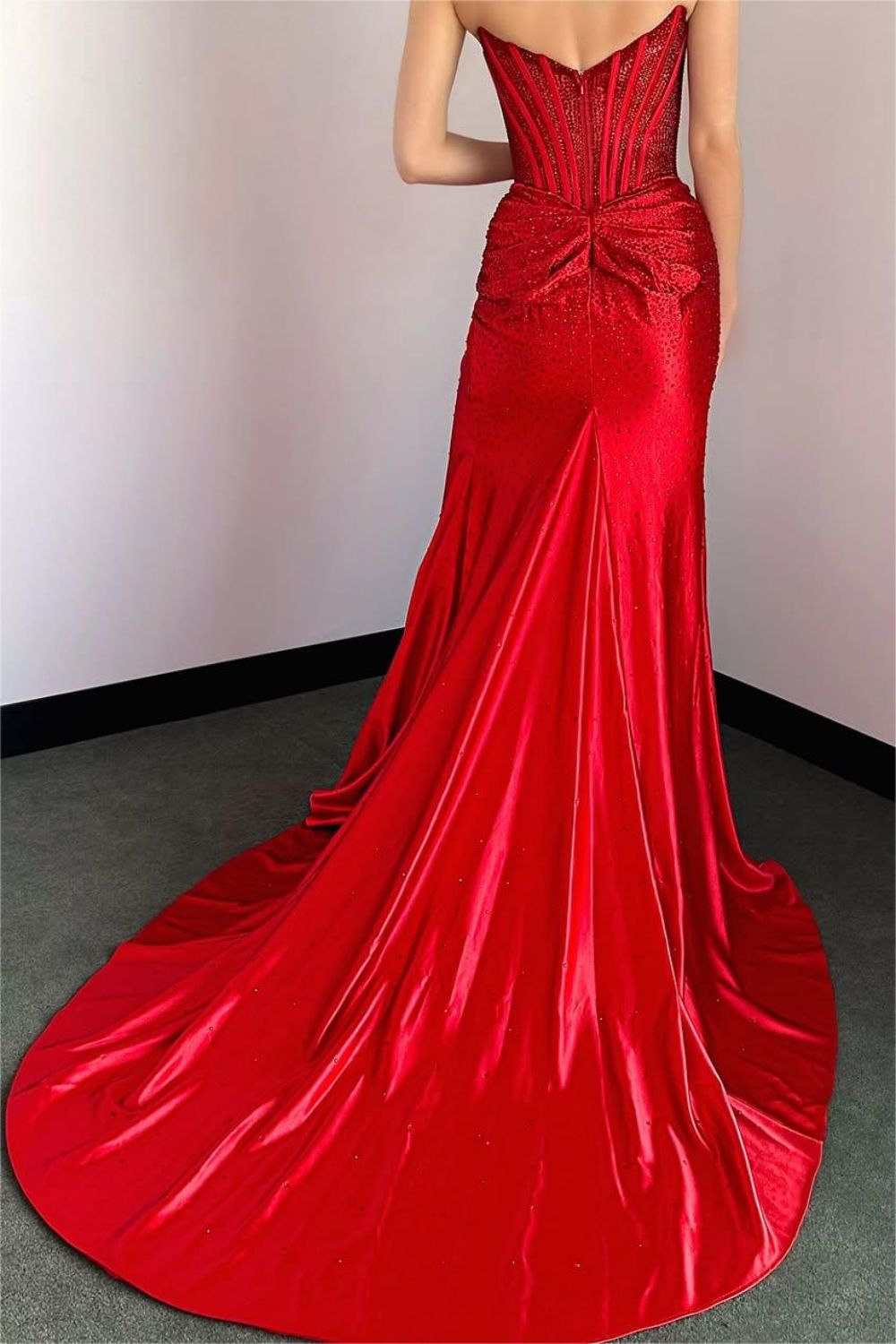 Luuvis Women Gorgeous Gold Mermaid Strapless Long Beaded Prom Dress With  High Slit