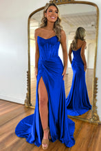 Load image into Gallery viewer, Gorgeous Gold Mermaid Strapless Long Beaded Prom Dress With High Slit
