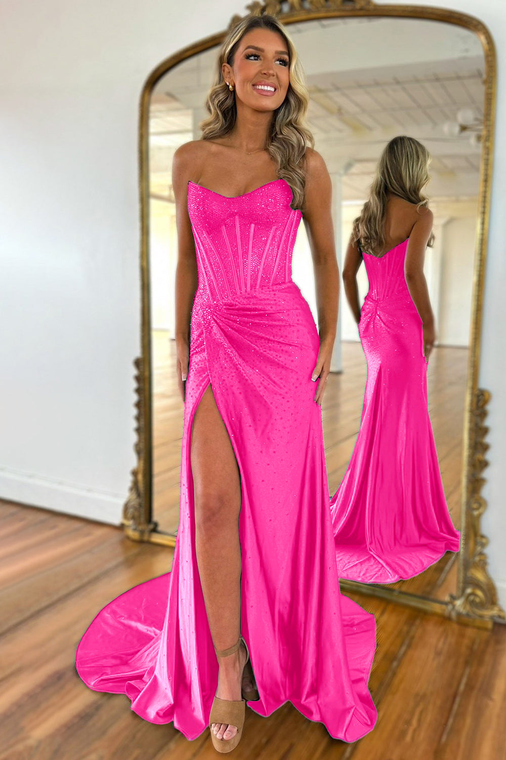 Golden Strapless Beaded Mermaid Prom Dress with Slit