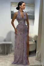 Load image into Gallery viewer, Luxurious Mermaid Halter Neck Green Long Prom Dress with Appliques Split Front