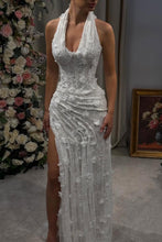 Load image into Gallery viewer, Luxurious Mermaid Halter Neck Green Long Prom Dress with Appliques Split Front