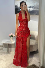 Load image into Gallery viewer, Luxurious Mermaid Halter Neck Green Long Prom Dress with Appliques Split Front