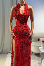 Load image into Gallery viewer, Luxurious Mermaid Halter Neck Green Long Prom Dress with Appliques Split Front