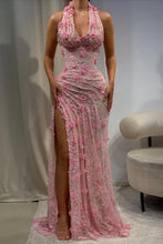Load image into Gallery viewer, Luxurious Mermaid Halter Neck Green Long Prom Dress with Appliques Split Front