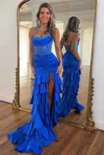 Load image into Gallery viewer, Gorgeous Mermaid Halter Neck Royal Blue Corset Prom Dress with Beading Ruffles