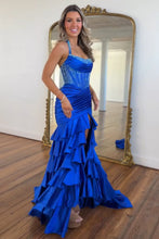 Load image into Gallery viewer, Gorgeous Mermaid Halter Neck Royal Blue Corset Prom Dress with Beading Ruffles