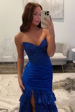 Load image into Gallery viewer, Glitter Red Mermaid Strapless Long Tiered Sequin And Satin Prom Dress
