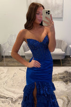Load image into Gallery viewer, Glitter Red Mermaid Strapless Long Tiered Sequin And Satin Prom Dress
