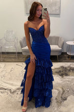 Load image into Gallery viewer, Glitter Red Mermaid Strapless Long Tiered Sequin And Satin Prom Dress
