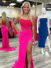 Load image into Gallery viewer, Royal Blue Mermaid Strapless Beaded Top Long Satin Prom Dress
