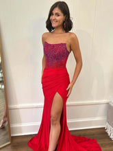 Load image into Gallery viewer, Royal Blue Mermaid Strapless Beaded Top Long Satin Prom Dress
