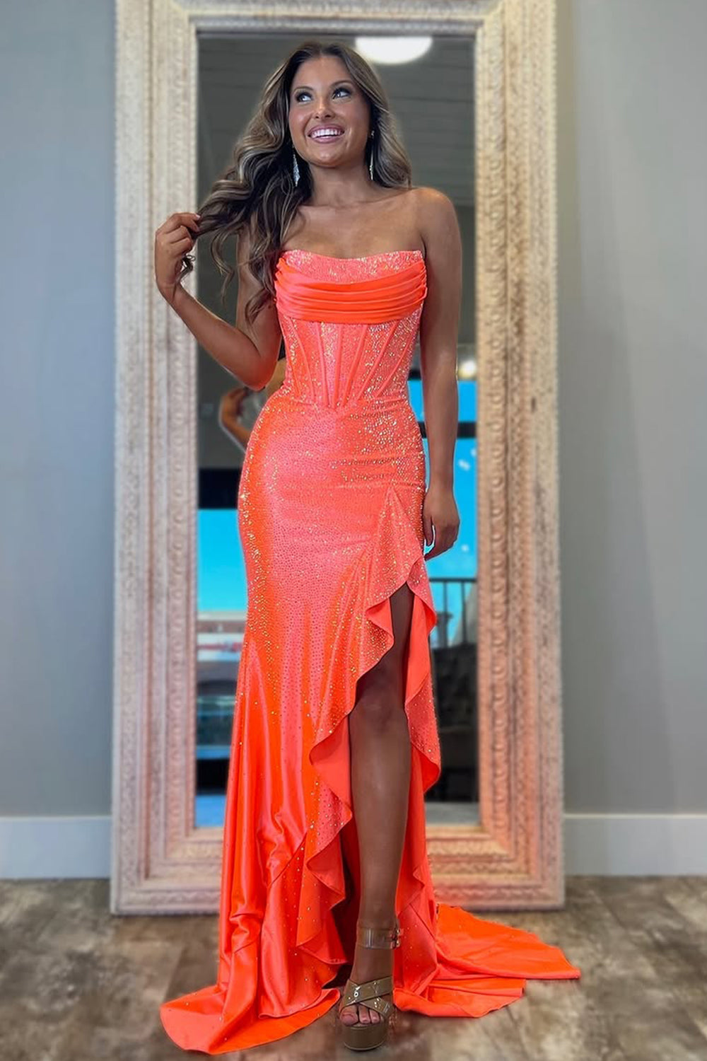 Orange Sparkly Mermaid Strapless Lace Up Long Beaded Prom Dress with Slit