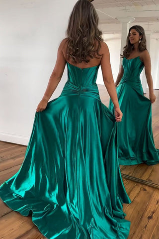 Green Strapless A-Line Long Satin Prom Party Dress With Split
