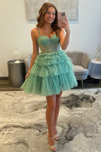 Load image into Gallery viewer, Green Corset Short Tulle Homecoming Dress with Ruffled Skirt and Sparkle Details
