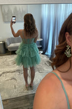 Load image into Gallery viewer, Green Corset Short Tulle Homecoming Dress with Ruffled Skirt and Sparkle Details
