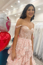 Load image into Gallery viewer, Sparkly Hot Pink A-Line Off The Shoulder Long Tiered Prom Dress With  Appliques