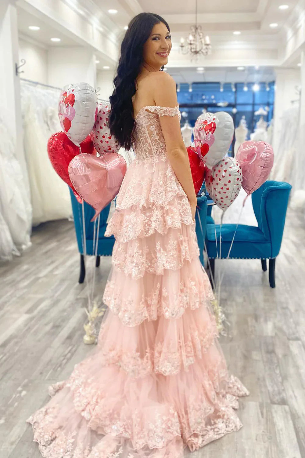 Baby pink off the shoulder prom dress hotsell