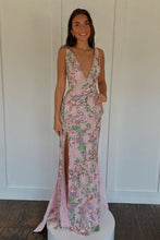 Load image into Gallery viewer, Hot Mermaid Deep V Neck Pink Long Prom Dress with Embroidery Bowknot