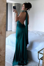 Load image into Gallery viewer, Hot Mermaid Halter Neck Dark Green Satin Long Party Dress with Open Back