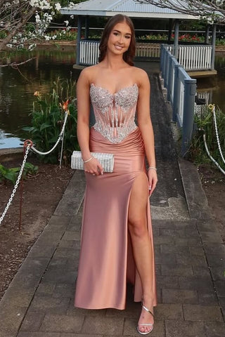 Hot Mermaid Strapless Dark Pink Corset Prom Dress with Beading