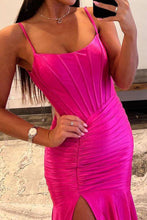 Load image into Gallery viewer, Hot Pink Mermaid Spaghetti Straps Long Satin Prom Dress With Split
