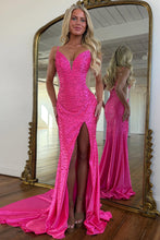 Load image into Gallery viewer, Fashionable Mermaid Spaghetti Straps Hot Pink Mermaid Prom Dress with Pearls