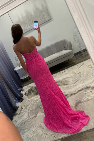 Charming Mermaid Sweetheart Hot Pink Lace Long Prom Dress with Split Front