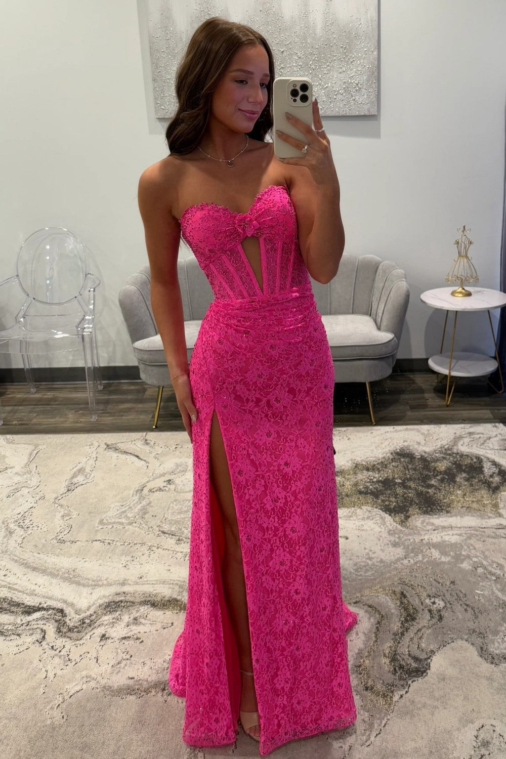 Charming Mermaid Sweetheart Hot Pink Lace Long Prom Dress with Split Front