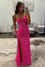 Load image into Gallery viewer, Charming Mermaid Sweetheart Hot Pink Lace Long Prom Dress with Split Front