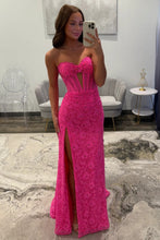 Load image into Gallery viewer, Charming Mermaid Sweetheart Hot Pink Lace Long Prom Dress with Split Front