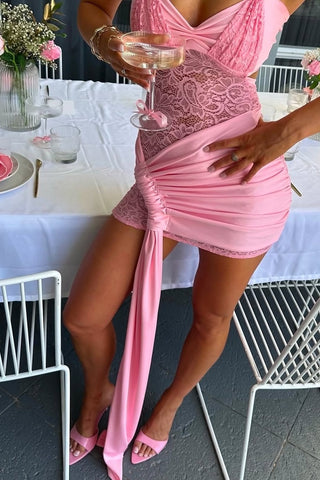 Hot Sheath Halter Neck Pink Lace Short Party Dress