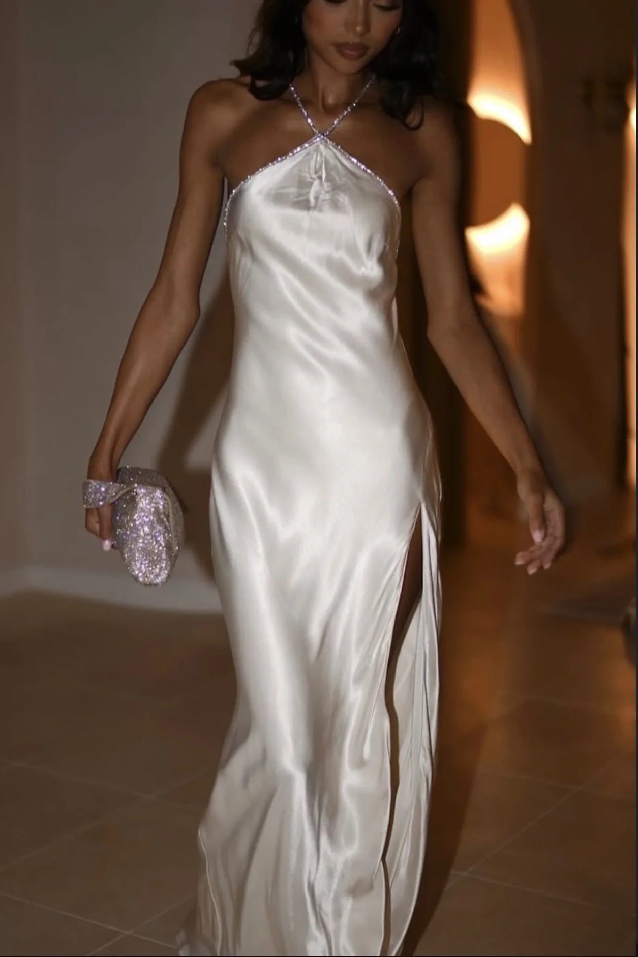 Trendy Sheath Halter Neck White Long Party Dress with Open Back Beading