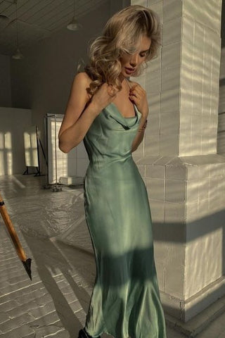 Hot Sheath Spaghetti Straps Green Long Prom Dress with Criss Cross Back